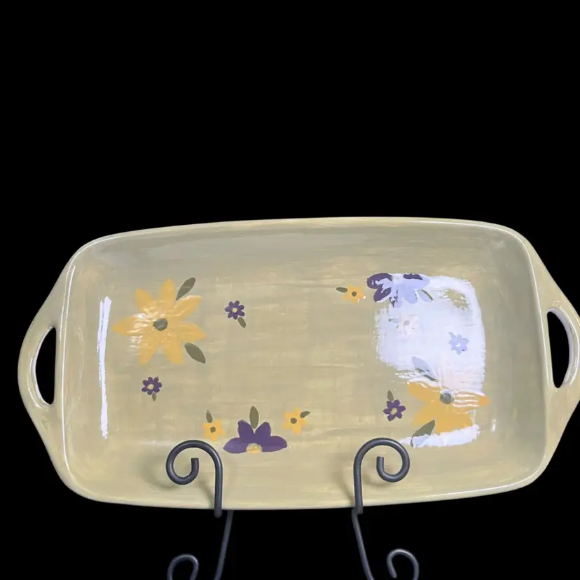 Glazed Ceramic Shallow Tray w/ Floral Pattern