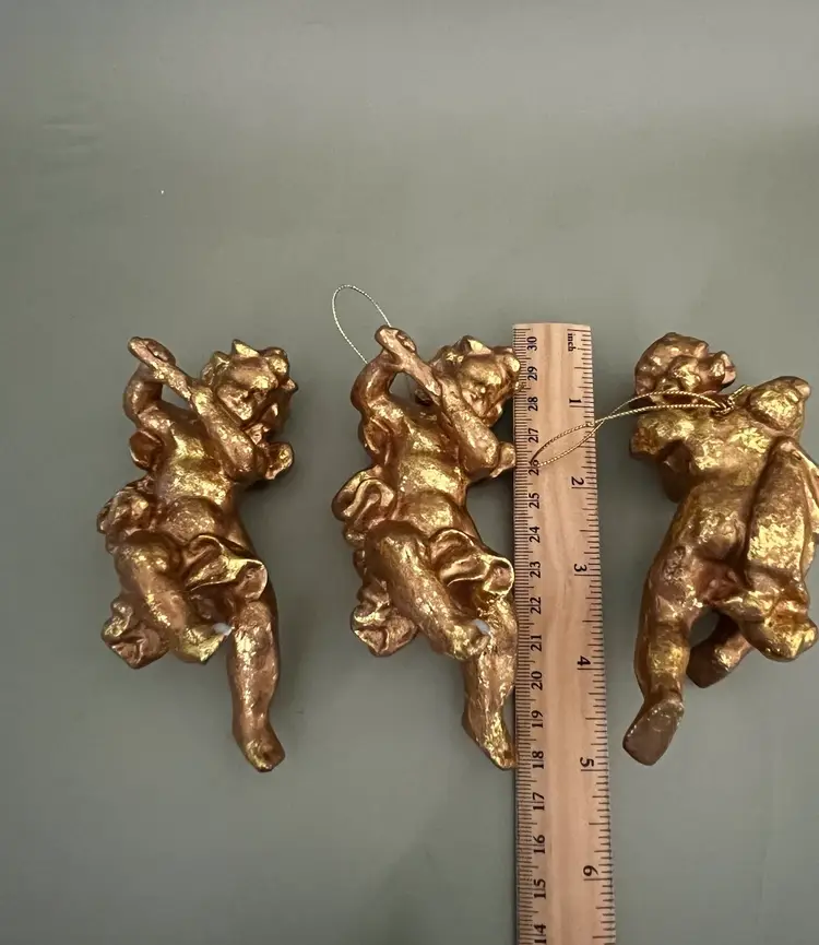 Vintage 1950s Set Of 3 Gold Glitter Plastic Cherub/Angel Ornaments 5”