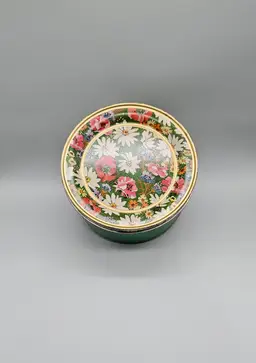 Vintage Metal Storage Tin Colorful Flowers And Green Round Container
