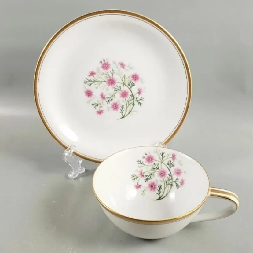 Vintage 1930s Noritake 5297 Pink Cosmos Gold Porcelain Cup Saucer Japan