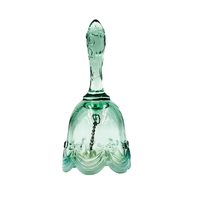 Vintage Fenton Glass Bell Green Bows Scalloped Opalescent