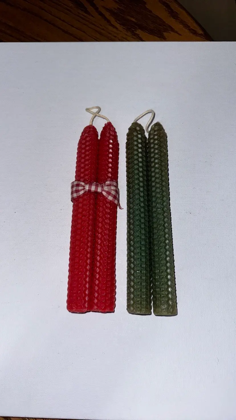 Honeycomb Beeswax Taper Candle Pairs 7.75”-2 sets red and green hand rolled