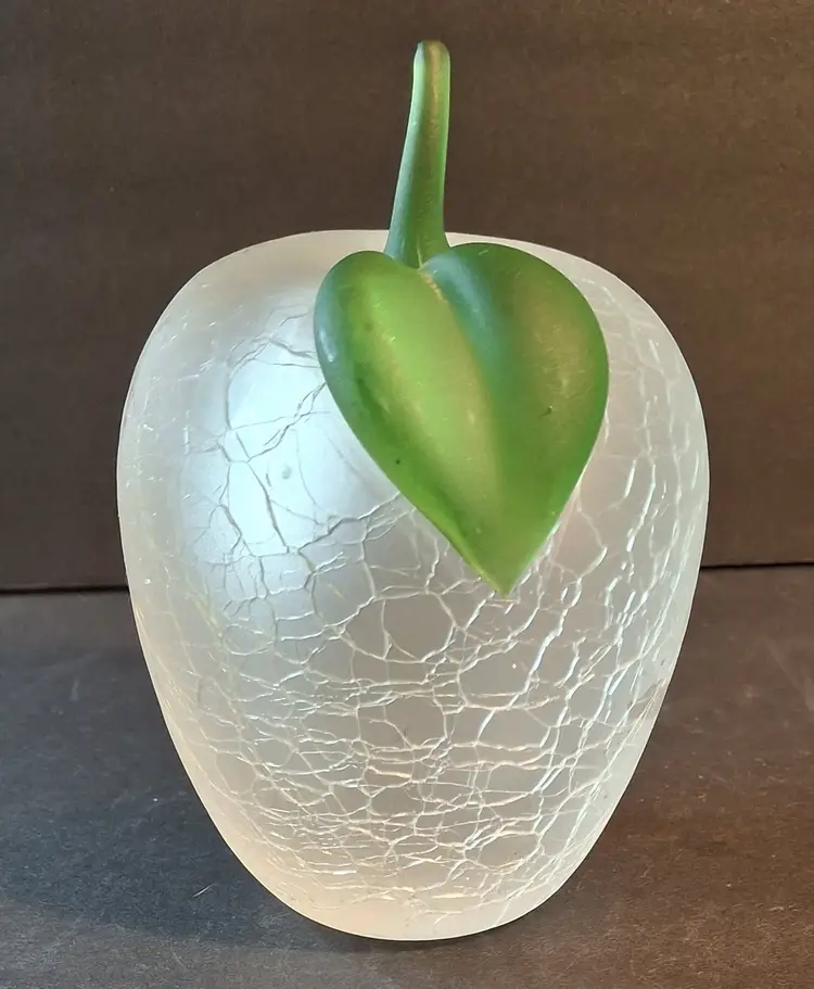 Vintage Large, Heavy Handblown Crack Glass Apple Paperweight - 5.5 inches tall
