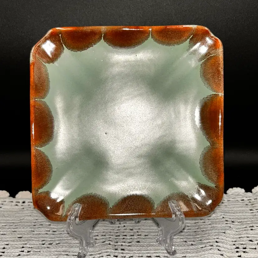 Vintage Guppy’s California Pottery Small Square Plate Green With Brown Edge Unique Glaze.