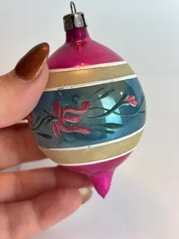 Vintage Poland mercury glass pink gold teal floral ornament - Vintage Poland Mercury Glass Ornaments