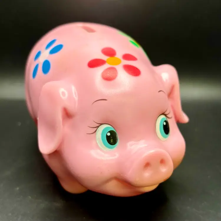 Pink Piggy Bank with Flowers Plastic 7” x 3.75”