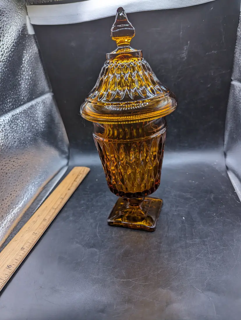 Indiana Glass Candy Dish Mt. Vernon AMBER Apothecary Jar Footed with Lid
