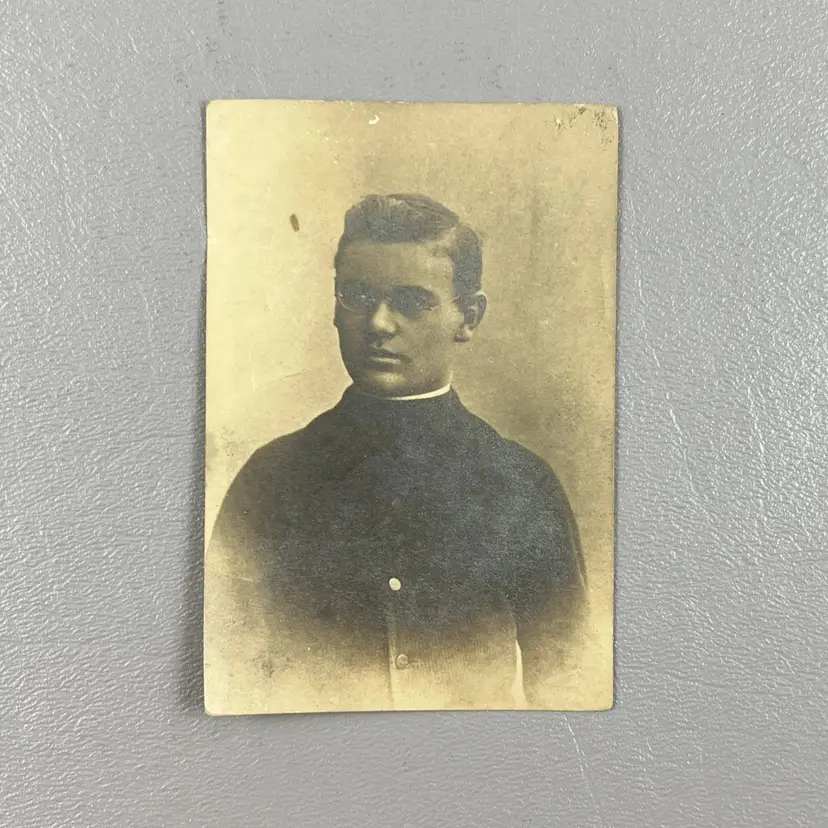 Antique Portrait Photo Handsome Young Man Teen Boy Glasses 3.5" Coat