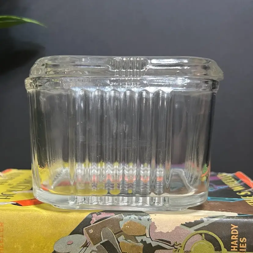 MARKDOWN! Federal Glass Ribbed Refrigerator Dish Mini "Fridgie" with Embossed Vegetable Lid ~3β x 4β x 4β - some chipping on edge of lid