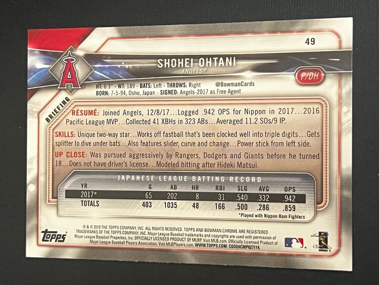 Shohei Ohtani 2018 Bowman Rookie Card RC #49 Los Angeles Dodgers