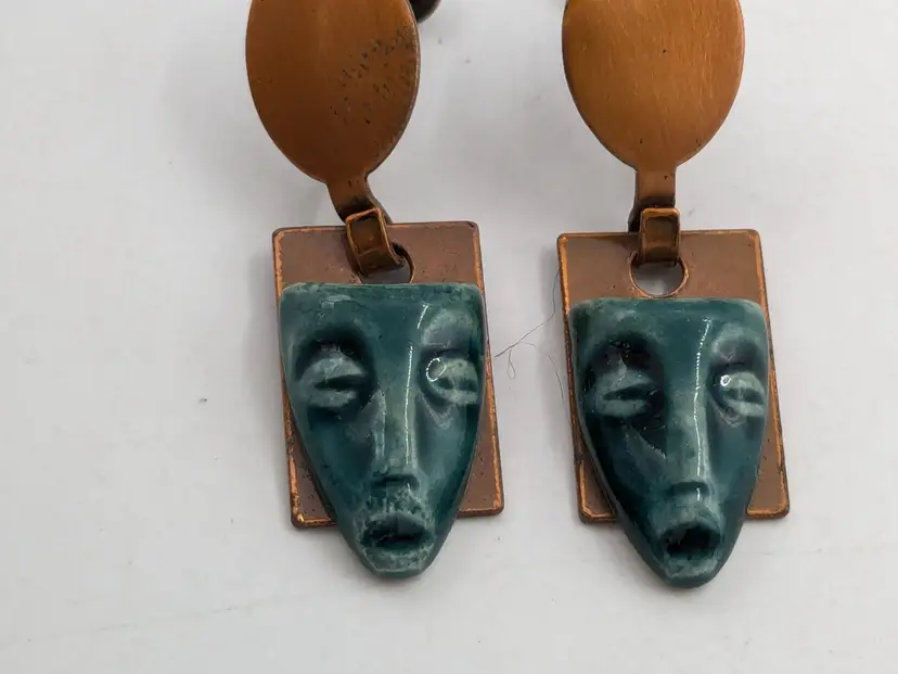 Vintage Green Ceramic Tribal Face and Copper Screw Back Earrings