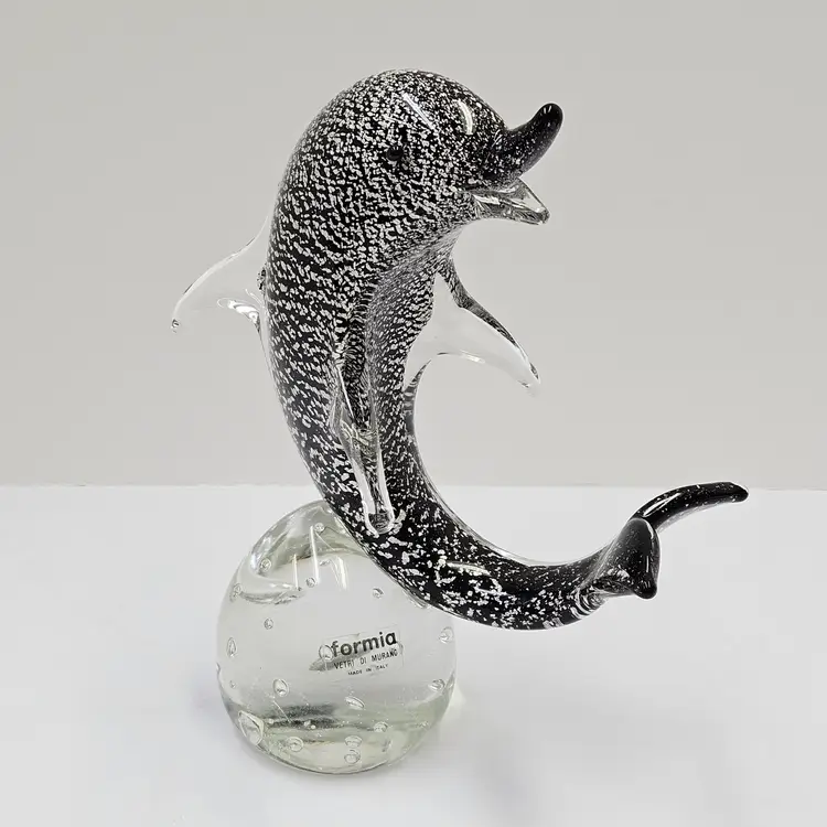 Formia Vetri Di Murano Italy Art Glass Dolphin Figurine Silver & Black