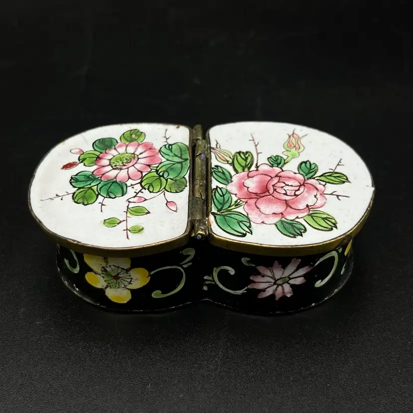 Floral Garden Double Sided Hinged Hand Painted Enamel Over Metal Trinket Or Pill Box