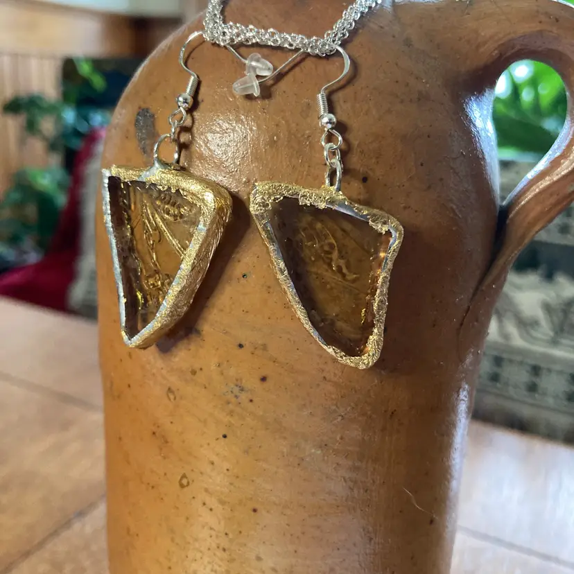 Artisan Made Dangle Earrings Yellow Depression Glass Plate Handcrafted Earrings