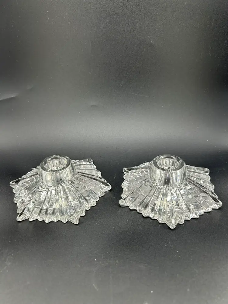 PAIR OF CLEAR PRESSED GLASS STARBURST CANDLE HOLDERS