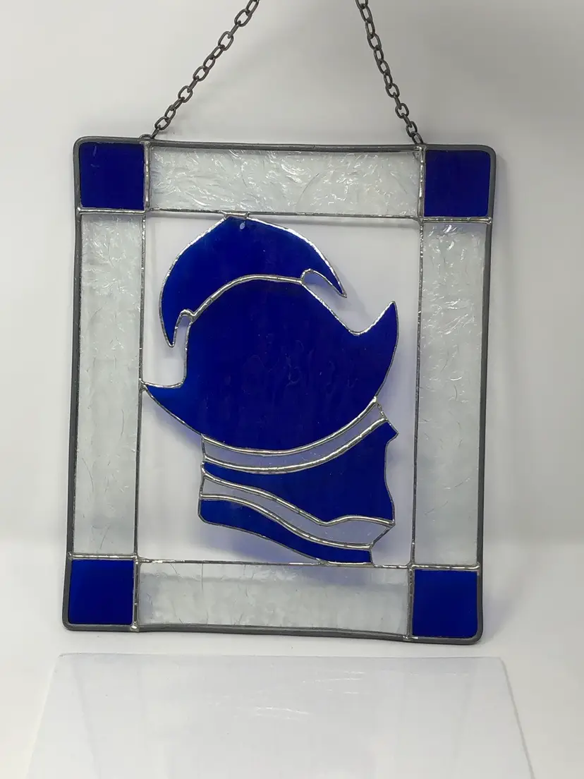 Cobalt Blue Trojan Soldier Stained Glass Suncatcher Window Hanging