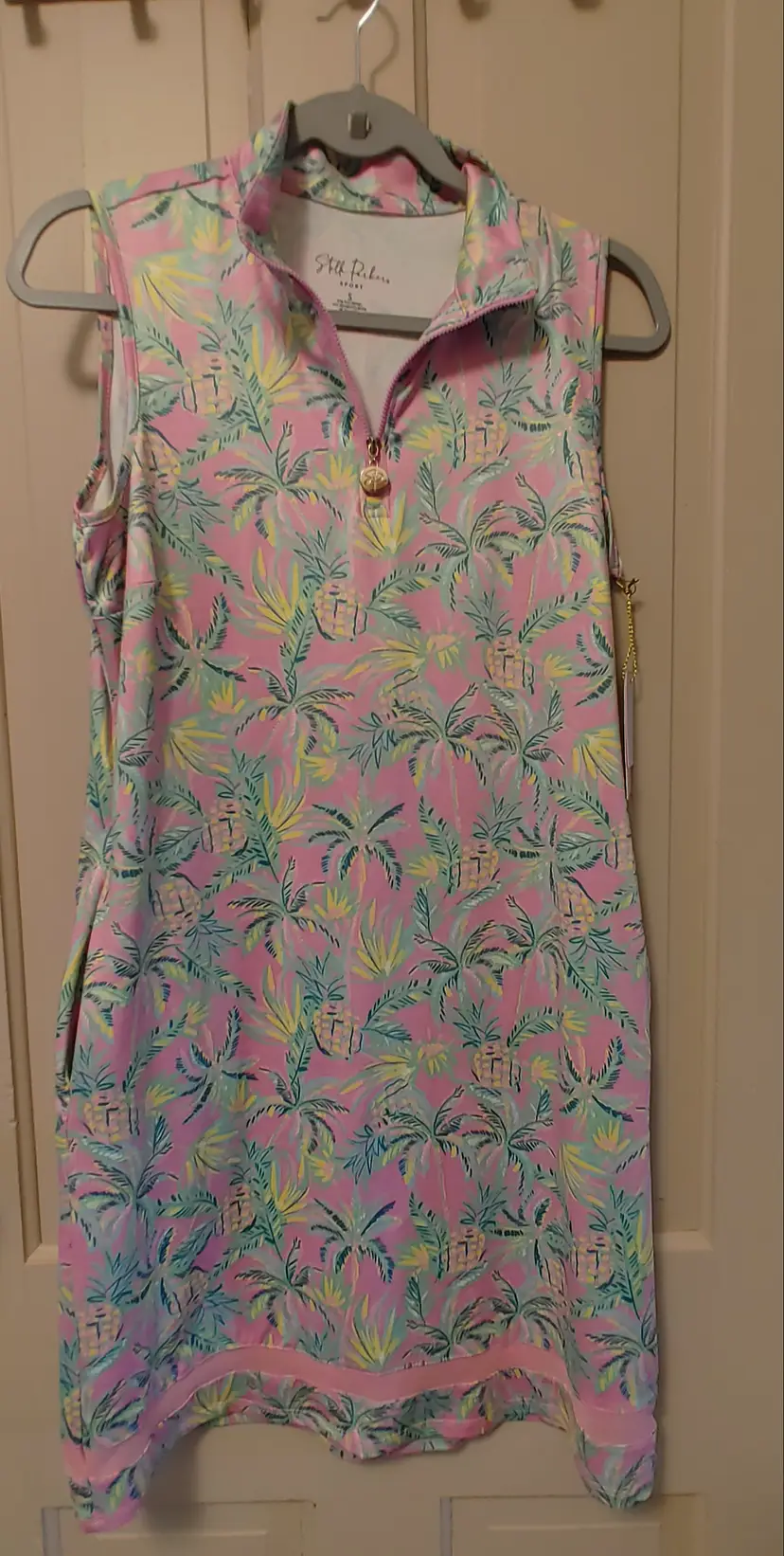 Dress- Brand: Stella Parker Sport. Size small. NWT. Retail $99. Pink dress with palm trees. UPF 50. 97% polyester, 3% spandex. No callouts.