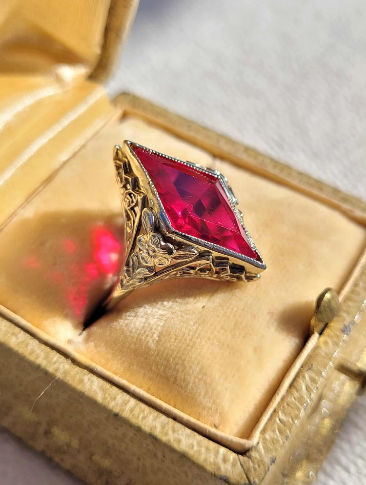 Antique 14k White Gold Ruby Lozenge Cut Filigree Art Deco Ring Vtg Size 4.75