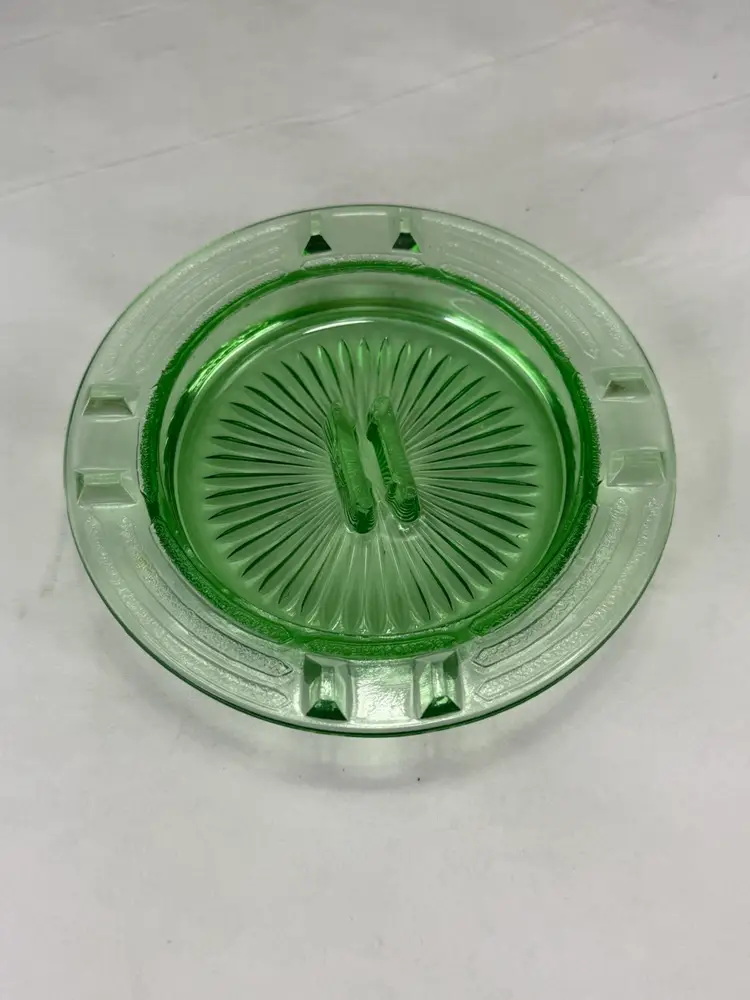 Vintage Hazel Atlas Green Uranium Glass Ashtray w/ Matchbook Holder 5.5”