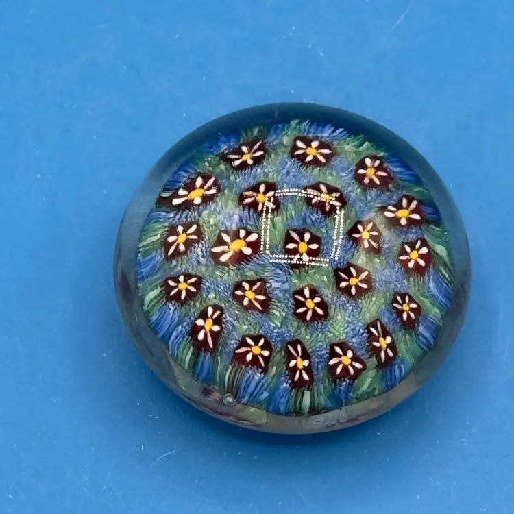 Vintage Murano Glass Millefiori Paperweight W/ Floral & Filament Design - Original Sticker