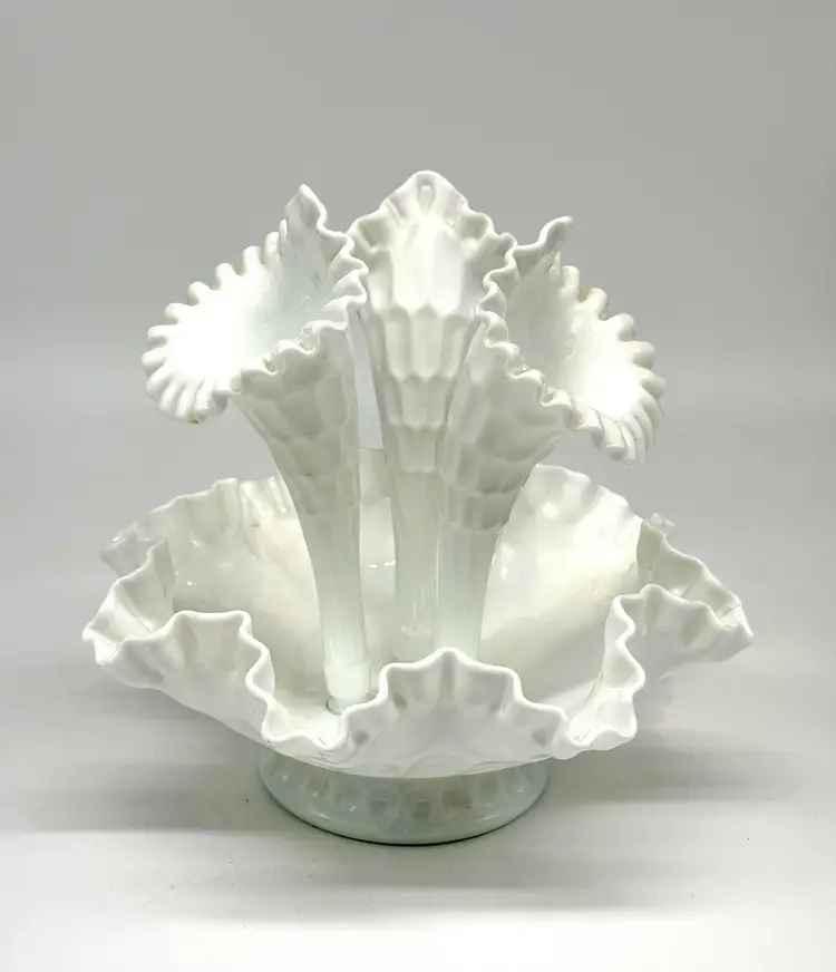 Vintage Fenton Art Glass 3 Horn Epergne Olde Virginia Pattern Milk Glass Apx 10”w 9”h Centerpiece
