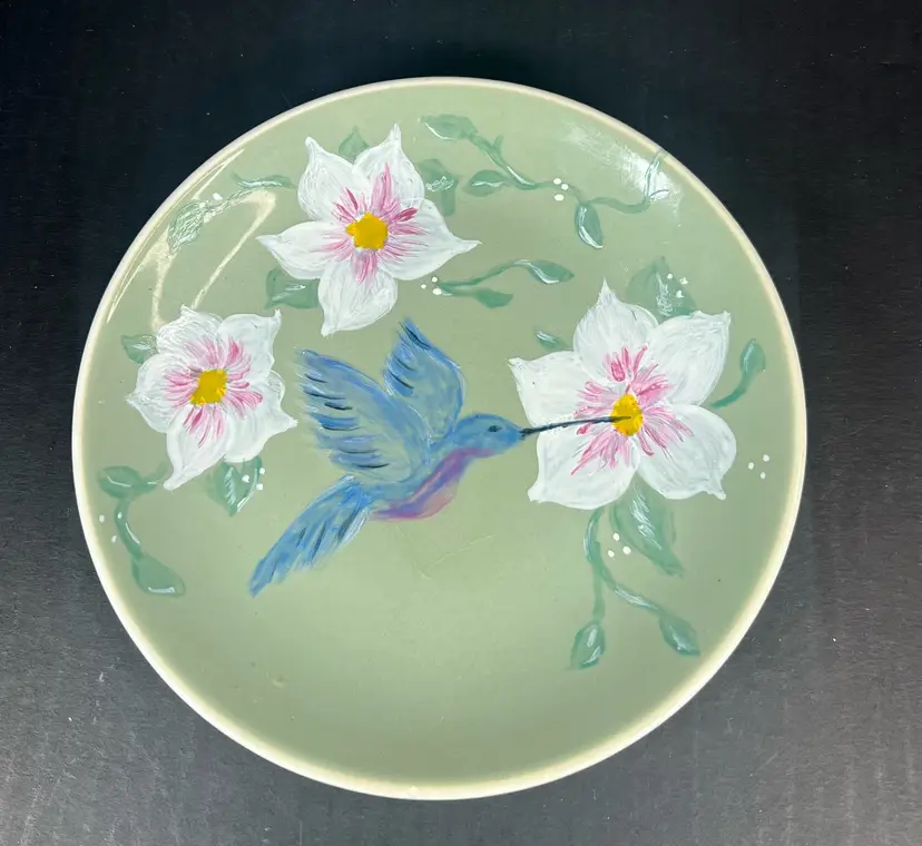 Vintage Handpainted Hummingbird & Flowers Signed By Artist On Harkerware Plate