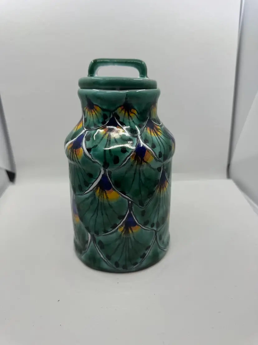 Hand-painted Mexican Talavera pottery canister with peacock feather motif; Cup On Base And Lid- See Pics
