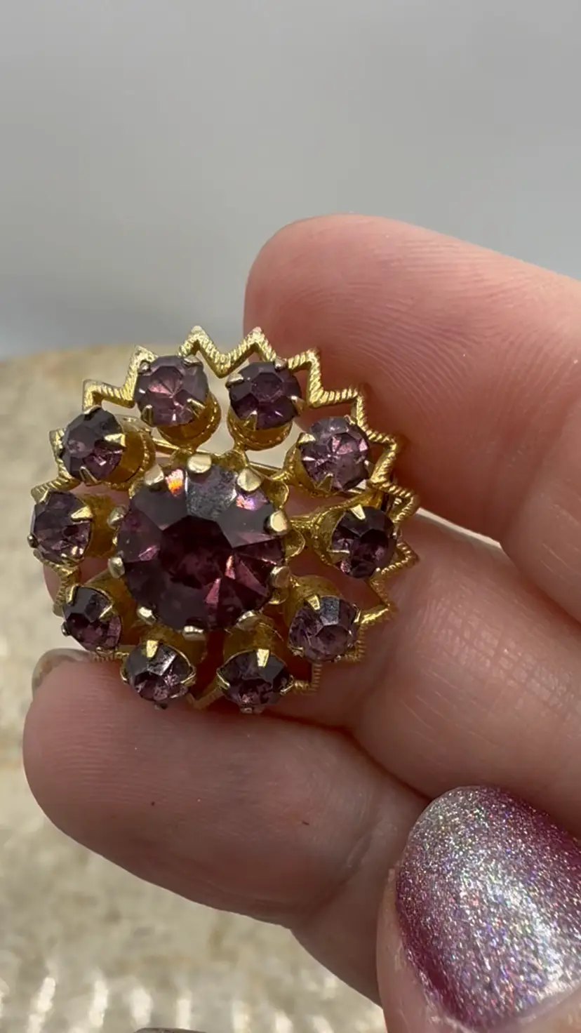 Vintage Signed Coro Tiered Purple Glass Rhinestone Brooch - Amazing UV Glow