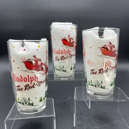 Roy L May's Rudolph The Red Nosed Reindeer Atomic Style Drinking Glasses Rare Set Of 3
