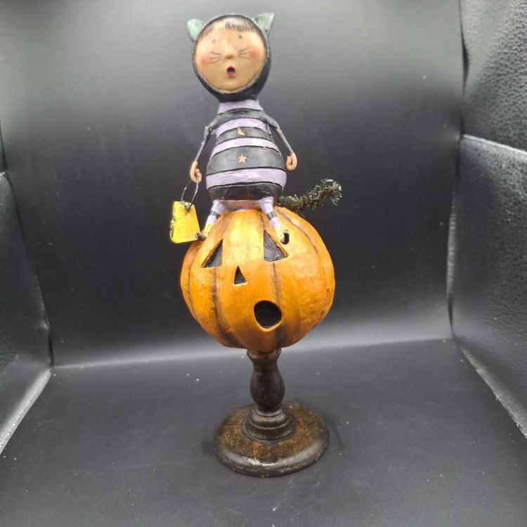 Lori Mitchell Halloween Cat Girl Costume Figurine On Pumpkin Stand