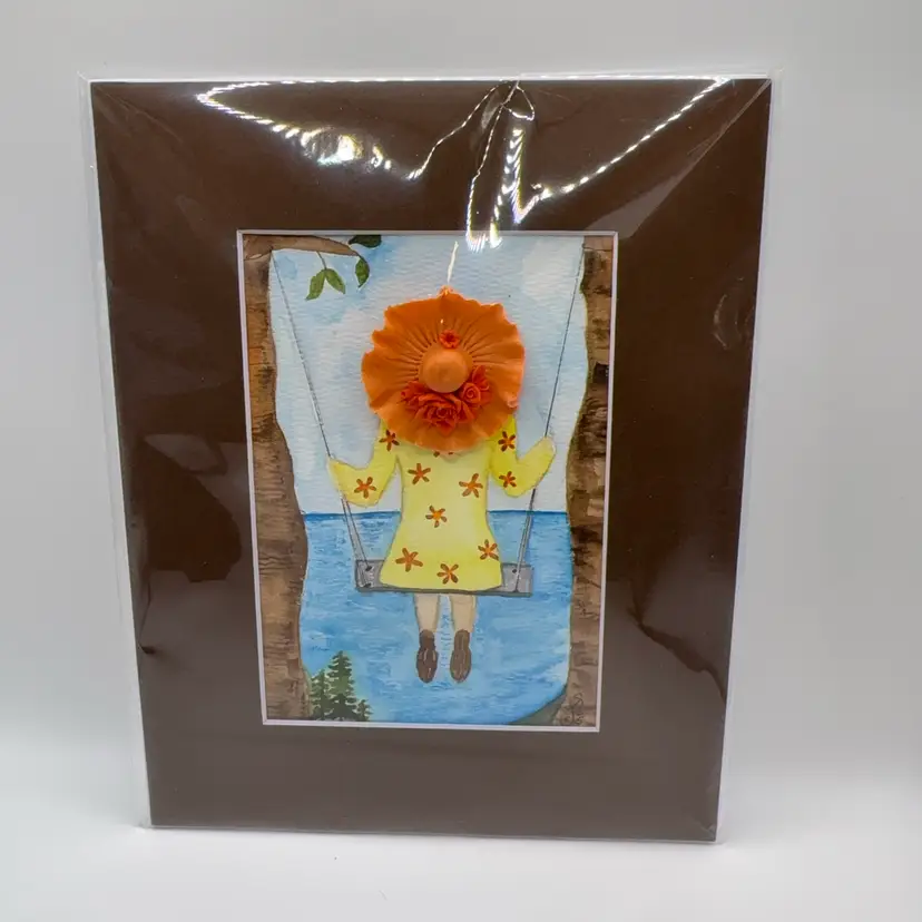 Original Watercolor Girl In Swing With Brooch Hat