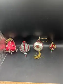 Vintage Lot of 4 Beaded and Sequined Push Pin Handmade Ornaments