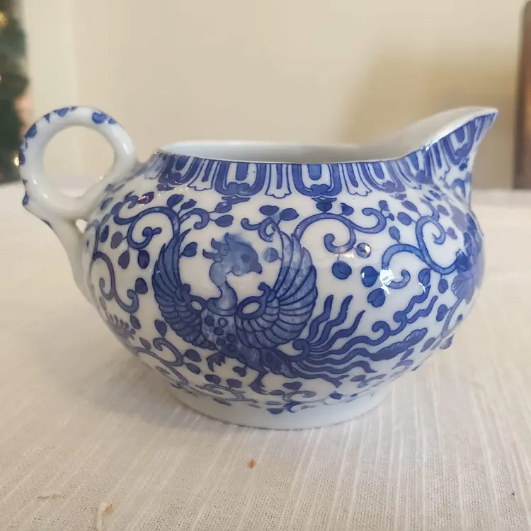 Vintage Japan Morimura Early Noritake Phoenix Bird Blue and White Creamer with Q handle.