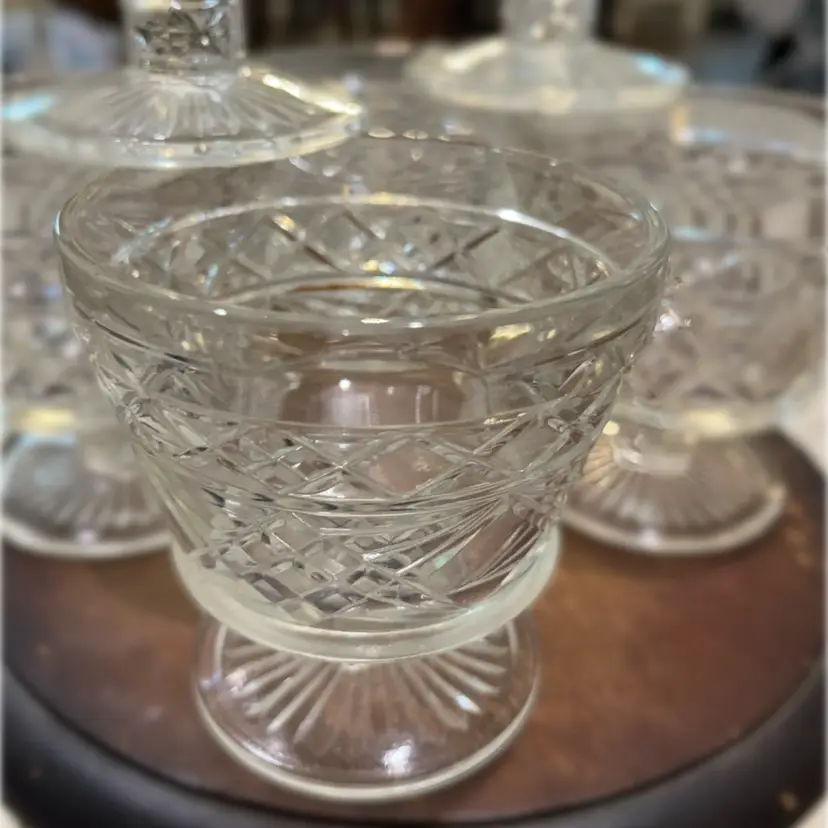 Vintage Set of 6- 1950's Hazel Atlas Sherbet- "Gothic" - Champagne Glasses. Also Packaging For Big Top Peanut Butter-  3.75”