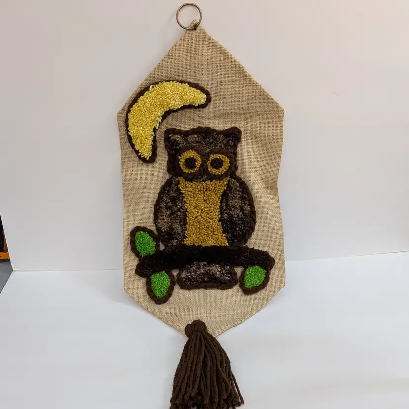 Vintage Boho Owl & Crescent Moon Yarn / Burlap Latch Hook Wall Hanging