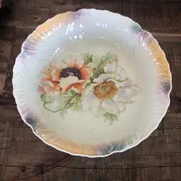 Vintage Large Iridescent Serving Bowl Floral Germany White Orange Purple