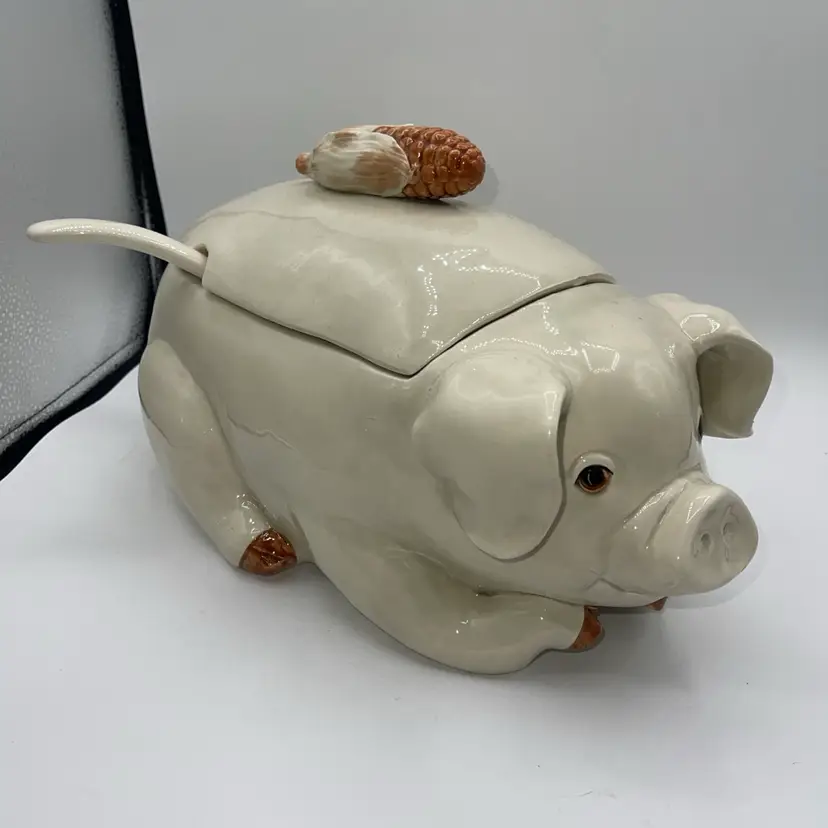 FITZ AND FLOYD PIG Soup Tureen Ladle Lid 13.5” X 8.5” Corn Handle READ