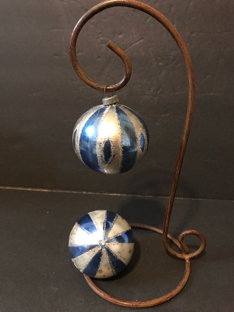 Pair of vintage  2½ in. Stripped Painted Glass CHRISTMAS TREE ORNAMENTS