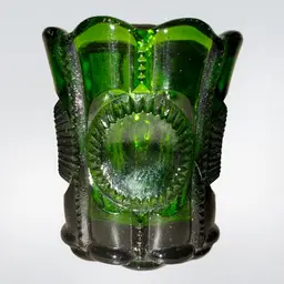 Vintage Flint Glass Toothpick Holder Emerald Green Bulls Eye Zipper Pattern