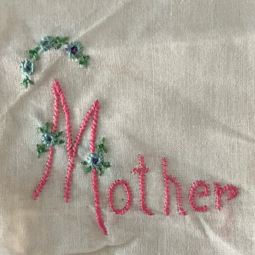 Vintage Embroidered 'Mother' Handkerchief Mother Embroidered 11” Square Handkerchief / Doll Blanket