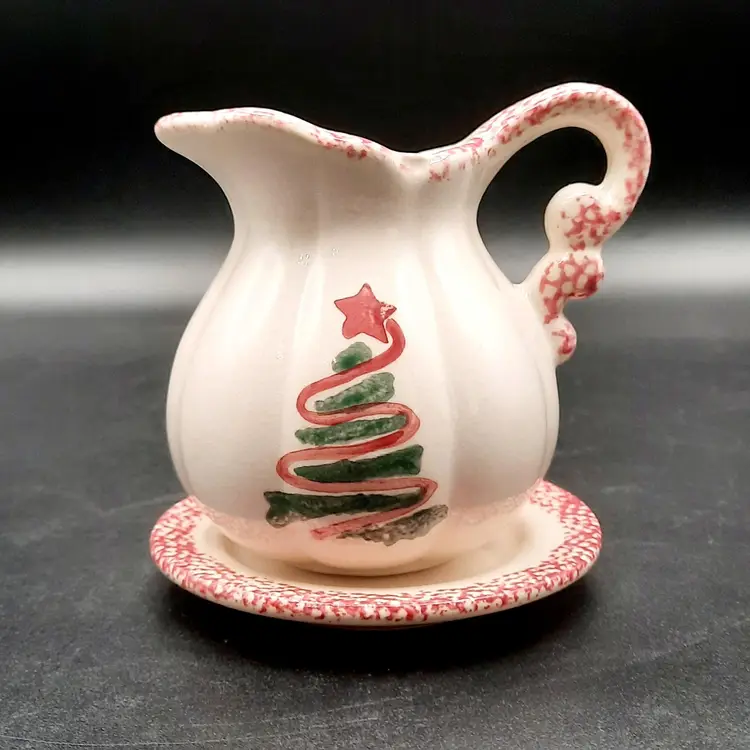 Vintage Mini Spongeware Christmas Tree Pitcher & Underplate