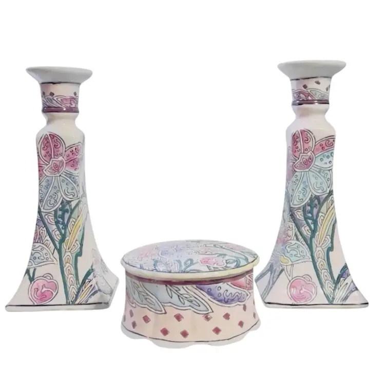 Vintage Console or Dresser Set2 Candle Holders 1 Trinket Powder BoxHand Painted Macau 1980s