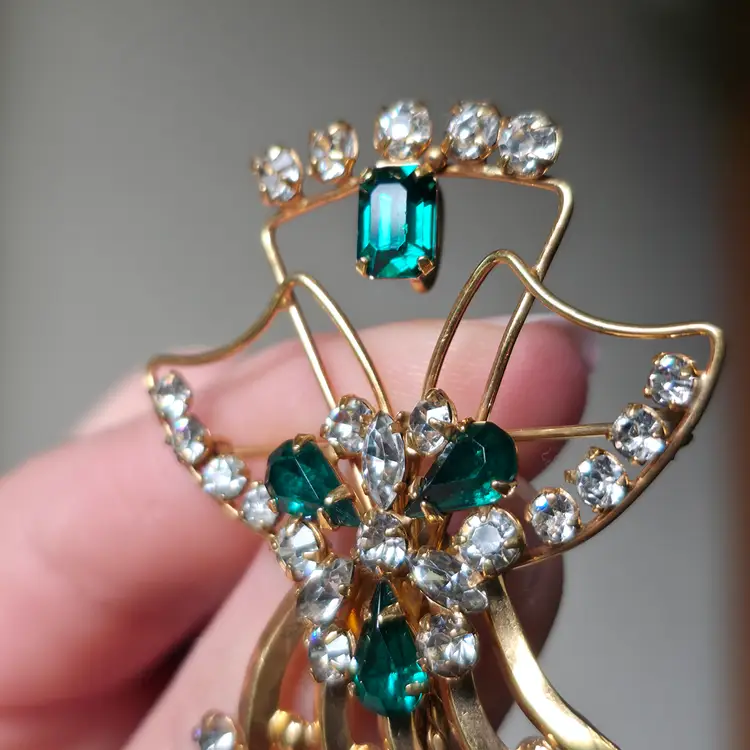 Vintage DeCurtis 12k Gold Filled Brooch or Pendant Green, Clear Rhinestones Gold Tone