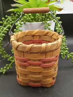 Hand Woven Split Wood Woven Basket with Handle 4 1/2" tall  Signed Luanne
