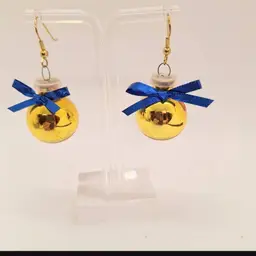 Christmas Ornament Earrings Gold Ball Blue Bow