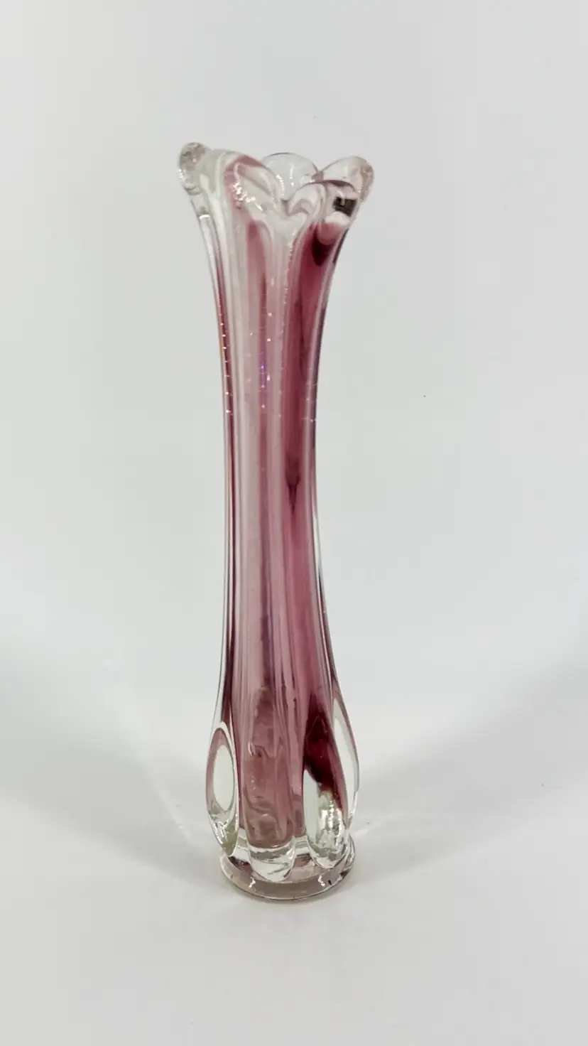 Amethyst 6 Fingered Ribbed 9.5" Swung Glass Vase