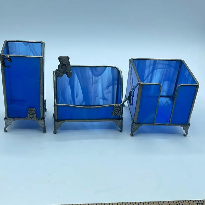 Blue Stained Glass Desk Set With Bears