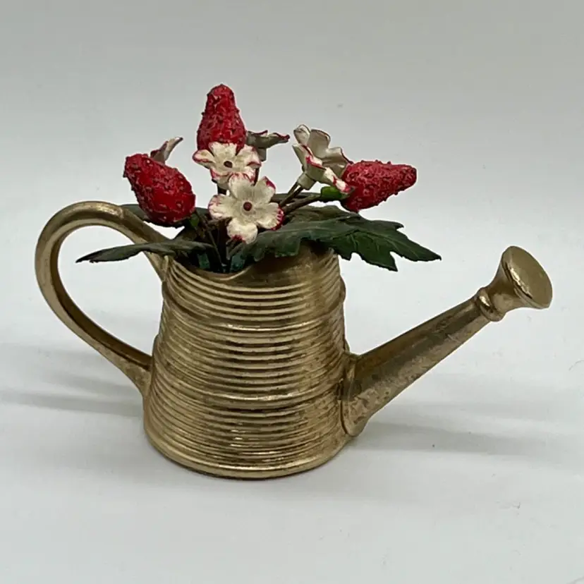 Jane Hutcheson Style Vintage Metal & Enamel Strawberries & Flowers Watering Can