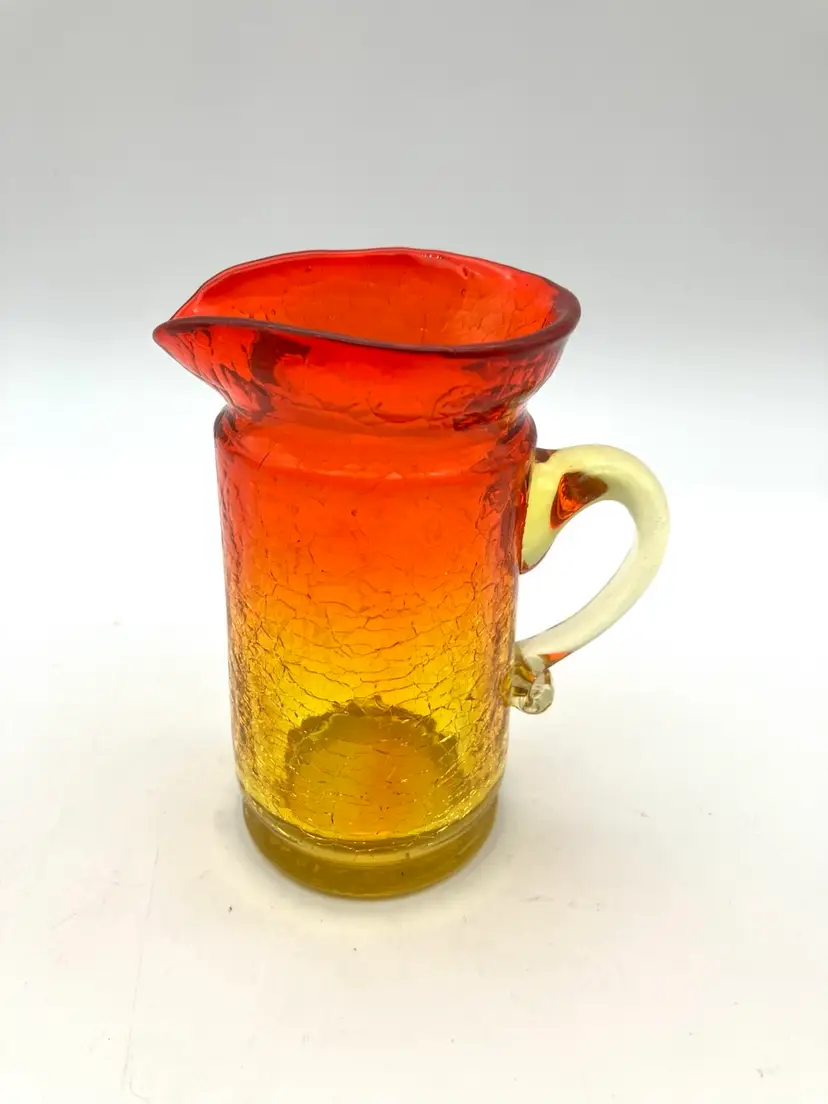 BIN - Vintage Amberina Crackle Glass Pitcher Bud Vase 4” Glows!!!