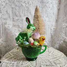 Vintage Easter Bunny Centerpiece in a Green Glass Tea Cup